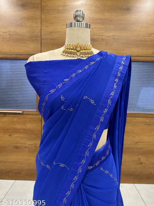 Blue and gold patterned georgette saree