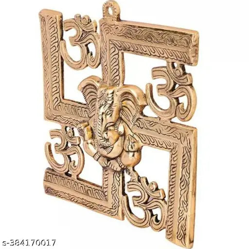 Golden brass wall hanging: Lord Ganesha on Om Swastik design, intricate detailing, Indian antique art for home decor