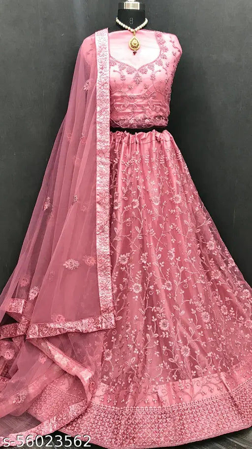 Great pink zari work net lehenga-choli set with dupatta and semi-stitched blouse, embroidered design, free size for women