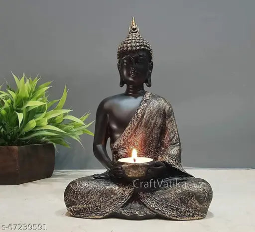 CraftVatika sitting Buddha tealight candle holder stand, tealight candle holders for home decoration, living room wall shelf, desk dcor