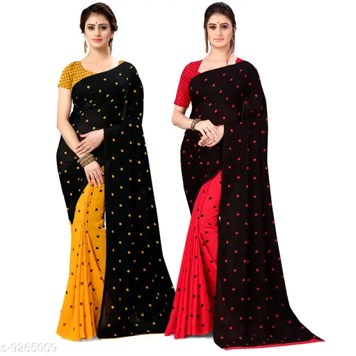 Anand Printed Georgette Daily Wear Saree Pack of 2 - Red and Yellow Pattern, Lightweight, Casual, Women's Fashion