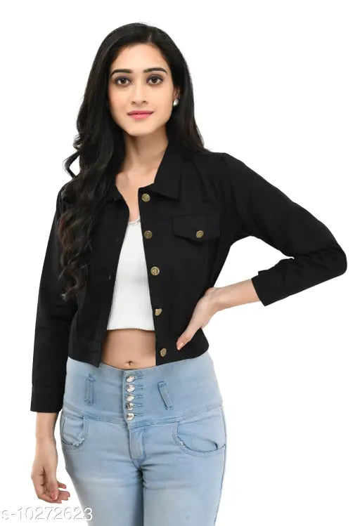 Cotton blend black jacket for women, solid design, long sleeves, size M-XL from India