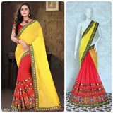 Yellow and red Georgette saree with intricate Kuthi embroidery, party wear for women
