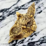 Gold metal Kuber idol decorative showpiece, Ansh Trend Metal Kuber Deepam for good luck, sitting on leaf with diya, 7cm tall, Indian crafted