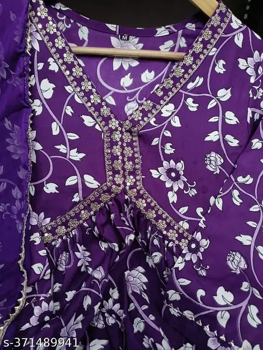 Purple embroidered rayon anarkali kurti for women, three-quarter sleeves with printed design, India origin