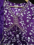 Purple embroidered rayon anarkali kurti for women, three-quarter sleeves with printed design, India origin