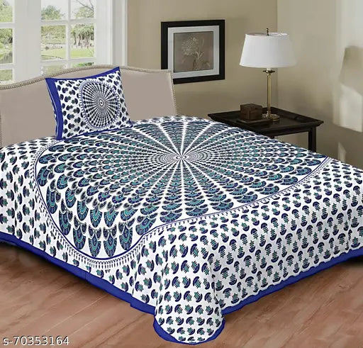 100 Cotton Jaipuri Bedsheet with Peacock Print, White & Blue, 1 Bed Sheet + Pillow Cover