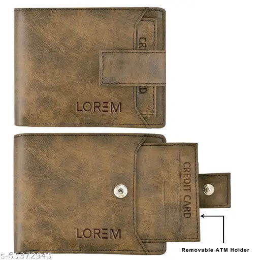 Brown leather men's wallet, textured design, 5 compartments, free size (10cm x 9cm), lightweight, smooth finish, trendy, latest style, button closure - India-made casual accessory