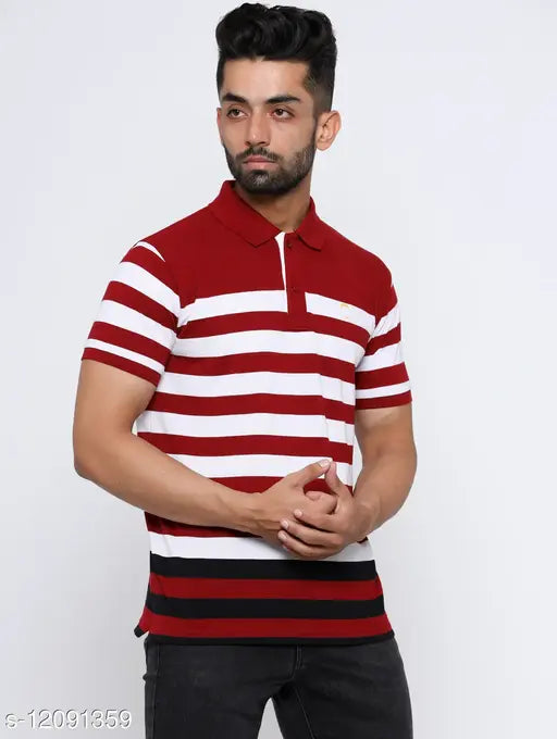 Cotton blend colorblocked half sleeve polo t-shirt, India origin