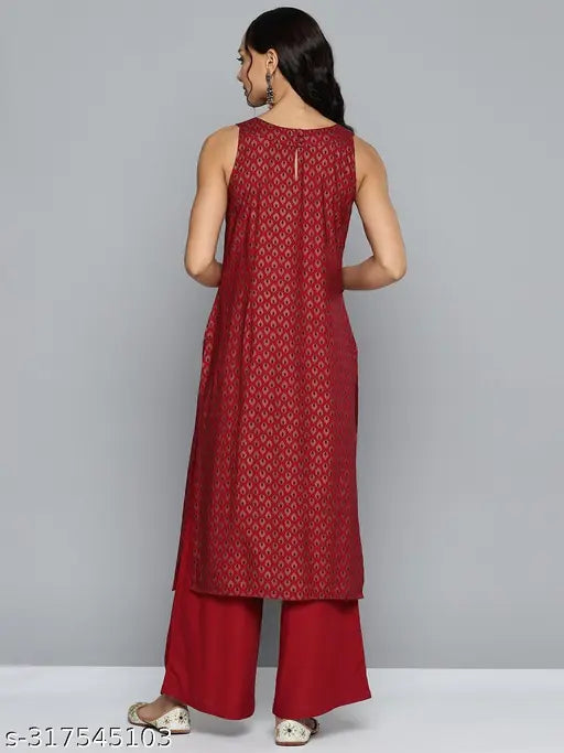 Women's red festive cotton kurta and palazzo ethnic set, sleeveless with zari woven net pattern, ideal for parties or casual wear. Made in India