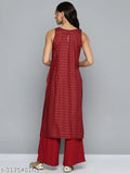 Women's red festive cotton kurta and palazzo ethnic set, sleeveless with zari woven net pattern, ideal for parties or casual wear. Made in India