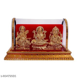 Gold-plated brass Laxmi Ganesh & Saraswati idol for home decor, handcrafted Indian showpiece, 10cm x 10cm x 10cm