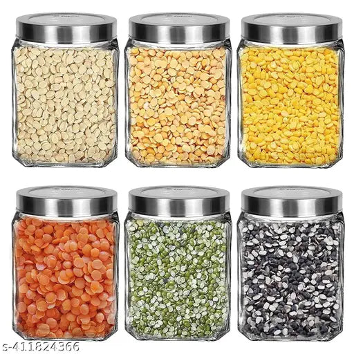 Transparent glass jars in stainless steel lids, set of 6, kitchen pantry, snacks masala honey pickles cookies dry fruits coffee beans storage