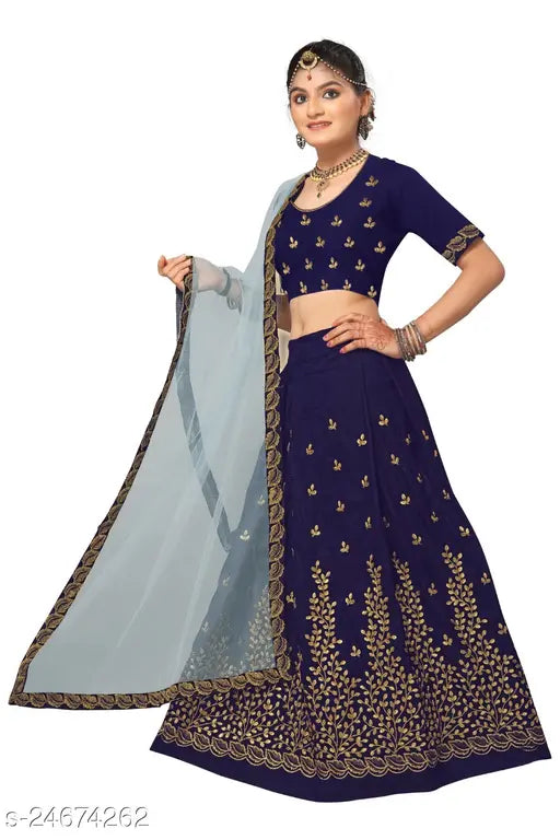 Embroidered satin BADLO lehenga with net dupatta, semi-stitched for custom fit, suitable for girls aged 8-16 years old, made in India