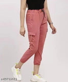 A pair of trendy joggers in pink with elastic waistband, zip fly, two pockets on front, and drawstring ankles