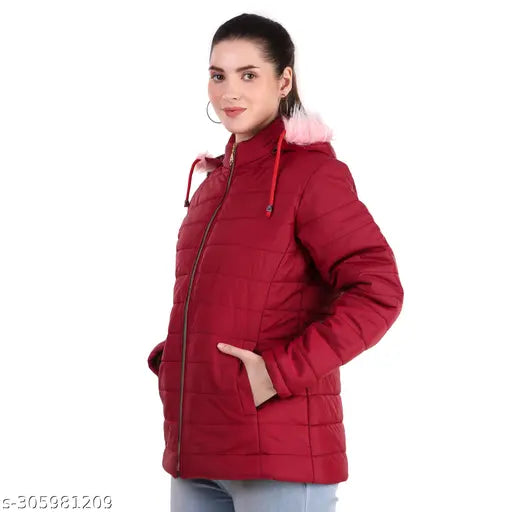 Nylon solid puffer jacket, long sleeves, women's Karori coat, India-origin