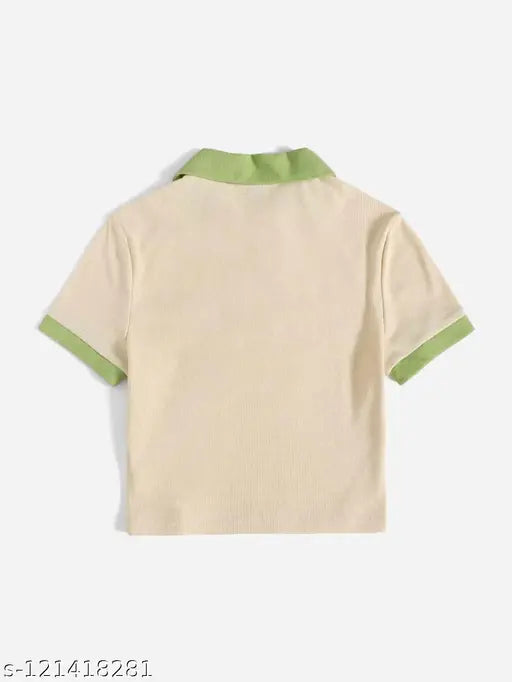 Colorblocked cotton contrast collar crop tee, short sleeves, 10XL size from India