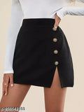 Black faux leather high waisted mini skirt with gold buttons, side cutouts