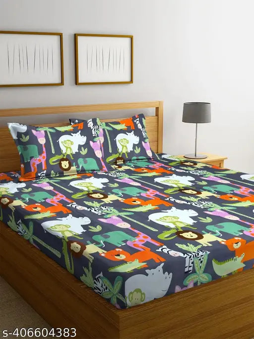 Cotton printed Savoy Home Decor cartoon flat sheet, queen size with 2 pillow covers for kids room, ideal for adult use during summer. 90x95 inches, superfine thread count 210, made in India