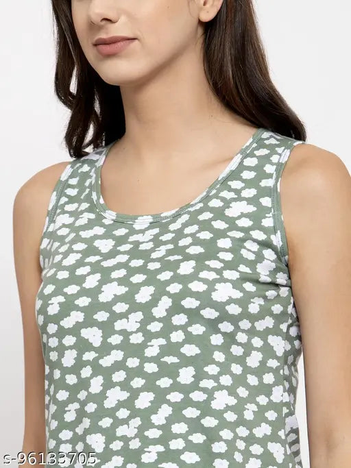 Claura cotton short night suit for women, sleeveless printed net hosiery top and shorts, Indian origin