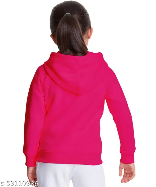 Pink cotton blend kids fleece zipper hoodie sweatshirt with printed pattern, suitable for cold climates and winter seasons. Size options include 2-3 Years, 3-4 Years, 5-6 Years, 7-8 Years, 9-10 Years, 11-12 Years, 13-14 Years, and 15-16 Years. Made in India