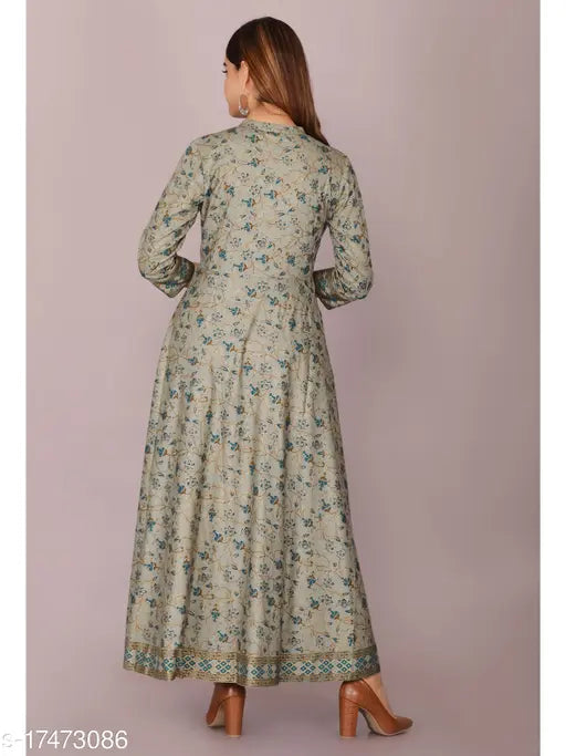Women's printed rayon flared kurta, three-quarter sleeve, Indian fashion on mannequin