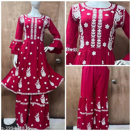 Red rayon garara set with embroidered borders
