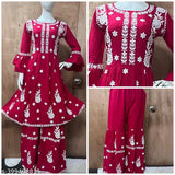 Red rayon garara set with embroidered borders