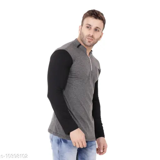 Grey cotton blend self-design long sleeves mandarin t-shirt from Tfurnish