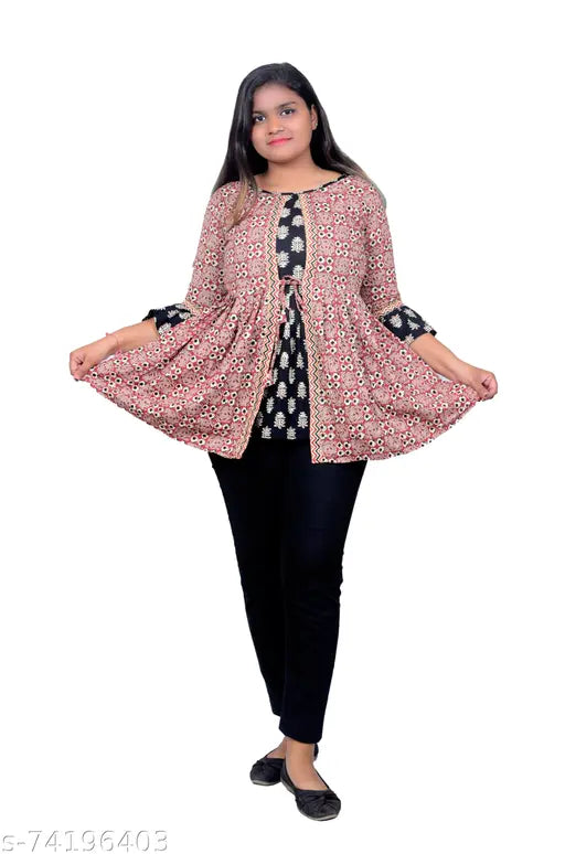 Colorblocked cotton three-quarter sleeve top, double layer flair style from India