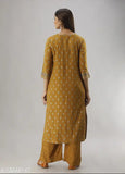 Women's Rayon Slub Printed Long Kurti with Palazzos, rayon slub set for women in various sizes, featuring three-quarter sleeves and a printed pattern