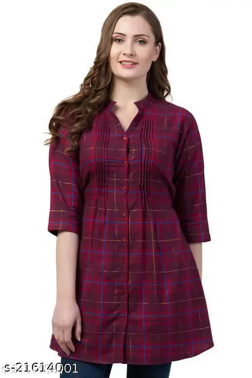 Maroon rayon checkered tunic with three-quarter sleeves for women, XS - XXXL sizes available