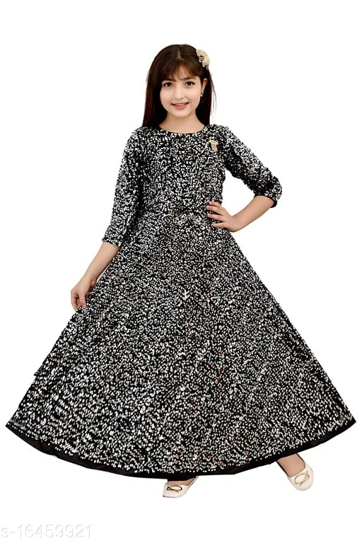 Black and white patterned long formal dress with flared skirt