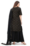 A woman's sleeveless kurta with a gold print, paired with sharara pants and dupatta, black border detailing
