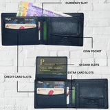 Navy blue genuine leather RFID wallet for men, featuring 9 card slots, 3 compartments, and RFID protection. Handcrafted from premium full-grain leather, offering timeless elegance and functionality. Rich texture radiates luxury with enduring durability. Embossed with Strong Horns emblem, symbolizing quality and authenticity