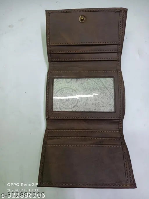Brown faux leather men's wallet, 5 card slots, slim design, durable PU leather