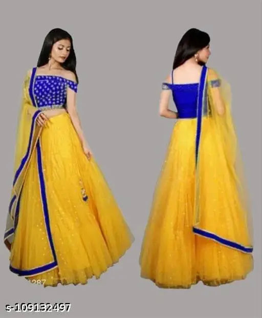 Stylish Bollywood net lehengha choli with embroidery for women, satin blouse and lace dupatta on mannequin