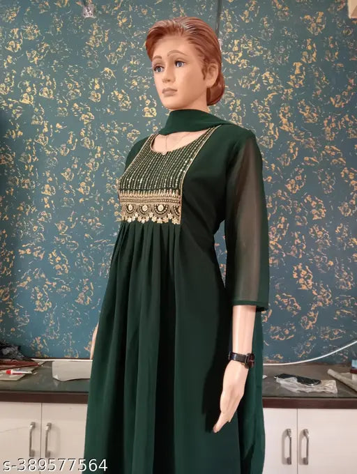 Georgette, pushpa style women's kurta with three-quarter sleeves. Indian embroidery work on solid background