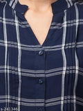Navy blue check print rayon women's tunic top with mandarin collar, V-neck, and button front closure