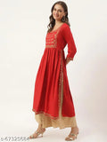 Red rayon embroidered kameez with long skirt, festive and trendy