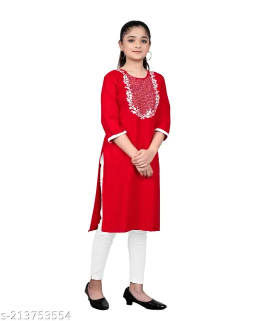 Red embroidered rayon straight kurta with three-quarter sleeves for girls aged 9-16 years, Indian origin