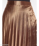 Brown pleated satin skirt, solid net pattern, feminine charm for women's fashion, elastic waistband, versatile styling options available in size 28 (waist 28in, length 39in), handcrafted in India