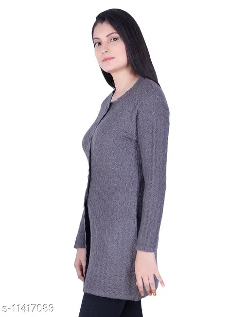Acrylic camel-colored long sleeve women's cardigan by Ogarti, self-design knitted pattern