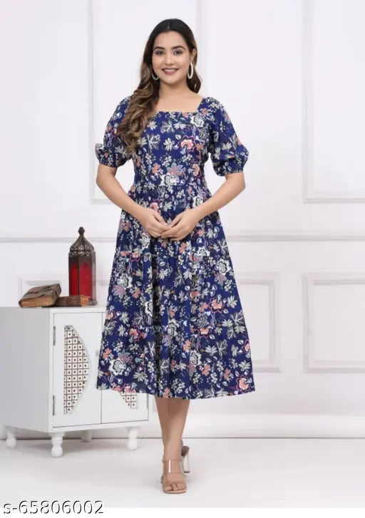 Rayon trendy printed dresses, short sleeves, Indian-origin fashion on model