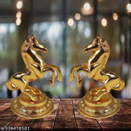 Metal horse statues for good luck (Feng Shui, Vastu), set of 2 in gold-toned metal - decorative showpiece, dimensions: 8.5cm L x 12cm H x 6.5cm B