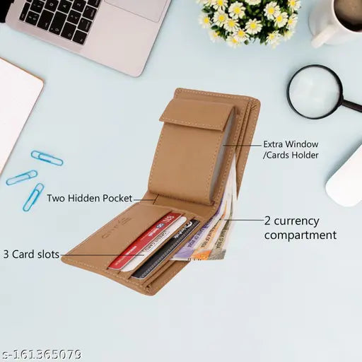 Beige faux leather JnD men's album wallet, features 11 card slots, 2 secret pockets, and 2 currency compartments. High-quality PU leather design, ideal for carrying essentials without bulk