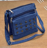 Denim sling bag with studded details, blue denim material