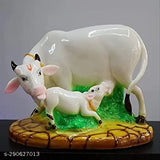 White Kamdhenu poly resin cow and calf showpiece, 9cm tall for home decor
