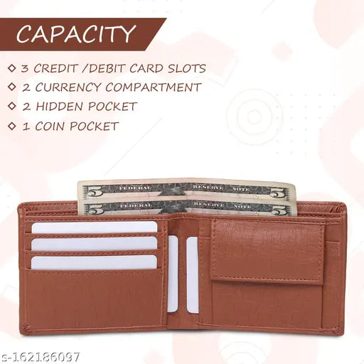 Faux leather trendy men's wallet, personalize with up to 4 compartments, textured design. Customize details needed for order." (109 characters)