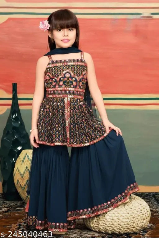 Blue Georgette Kurti Sharara Plazza Set with Dupatta, festive Indian ethnic wear for kids (ages 3-15), intricate embroidery
